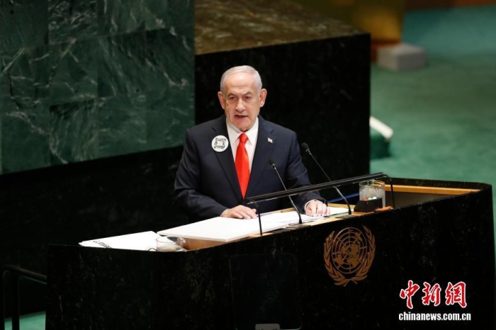 材料图：以色列总理内乱塔僧亚胡正在第80届团结邦年夜会普通性斗嘴中收行。中新社记者 廖攀 摄